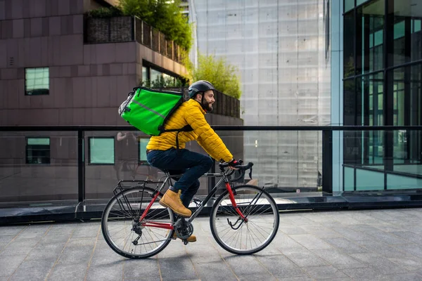 Jinete Reparto Comida Bicicleta Imagen Hombre Mediana Edad Trabajando Centro — Foto de Stock