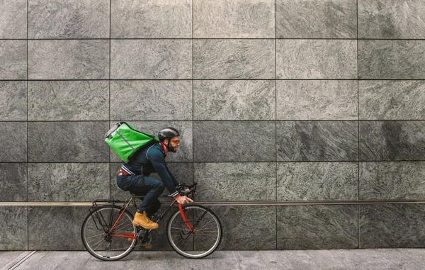 Food Delivery Rider His Bicycle Image Middle Age Man Work — Stock Photo, Image