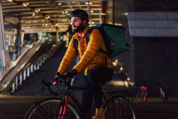 Serviço Entrega Alimentos Cavaleiro Entrega Alimentos Para Clínicas Com Bicicleta — Fotografia de Stock