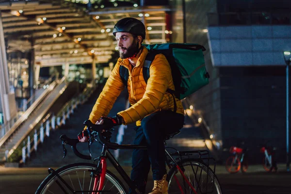 Serviço Entrega Alimentos Cavaleiro Entrega Alimentos Para Clínicas Com Bicicleta — Fotografia de Stock