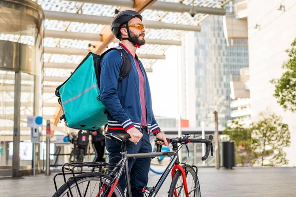 Serviço Entrega Alimentos Cavaleiro Entrega Alimentos Para Clínicas Com Bicicleta — Fotografia de Stock