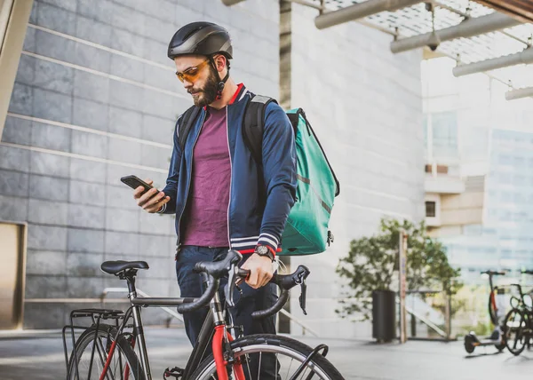 Servicio Reparto Comida Jinete Entrega Alimentos Los Cantos Con Bicicleta — Foto de Stock