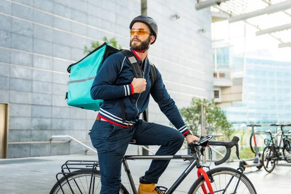 Serviço Entrega Alimentos Cavaleiro Entrega Alimentos Para Clínicas Com Bicicleta — Fotografia de Stock