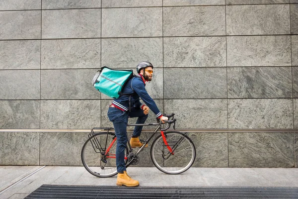 Matleveransservice Ryttare Levererar Mat Till Clints Med Cykel Begrepp Transport — Stockfoto