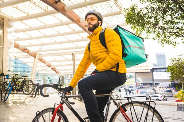 Servicio Reparto Comida Jinete Entrega Alimentos Los Cantos Con Bicicleta — Foto de Stock