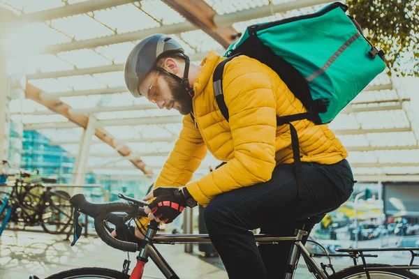 Servicio Reparto Comida Jinete Entrega Alimentos Los Cantos Con Bicicleta — Foto de Stock