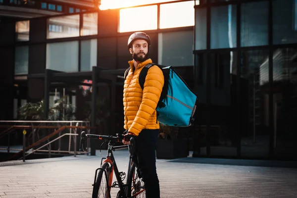 Serviço Entrega Alimentos Cavaleiro Entrega Alimentos Para Clínicas Com Bicicleta — Fotografia de Stock