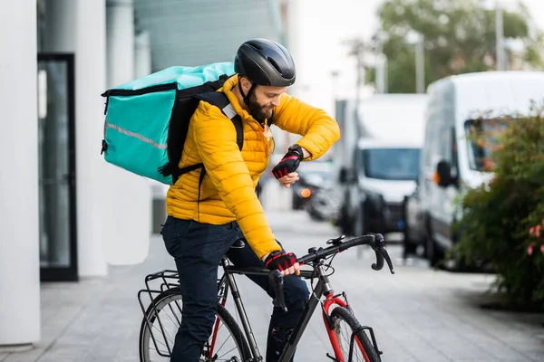 Servicio Reparto Comida Jinete Entrega Alimentos Los Cantos Con Bicicleta — Foto de Stock