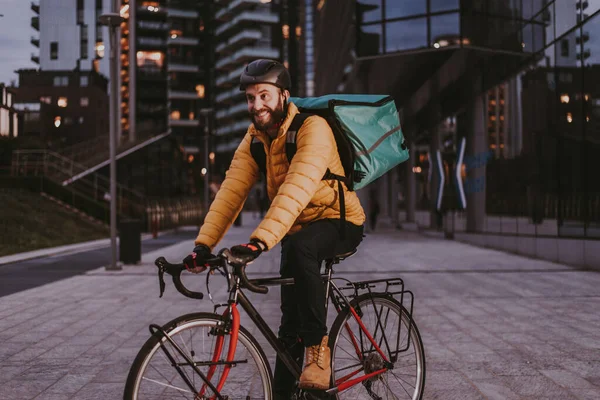 Matleveransservice Ryttare Levererar Mat Till Clints Med Cykel Begrepp Transport — Stockfoto