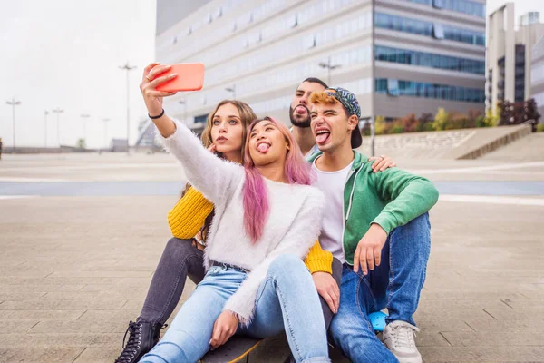 Happy Young People Meeting Outdoors Group Cheerful Teenagers Having Fun — Stock Photo, Image