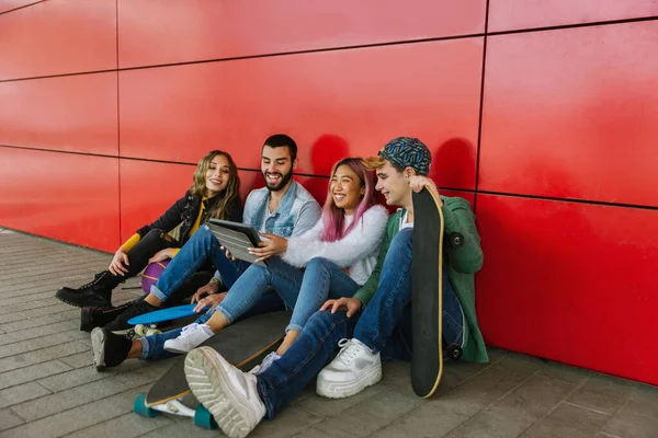 Happy Young People Meeting Outdoors Group Cheerful Teenagers Having Fun — Stock Photo, Image