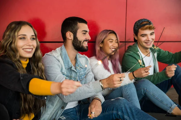 Happy Young People Meeting Outdoors Group Cheerful Teenagers Having Fun — Stock Photo, Image