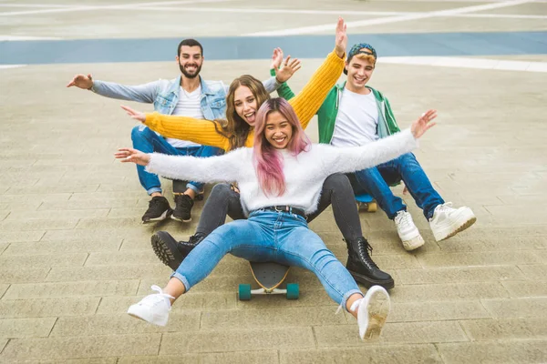 Happy Young People Meeting Outdoors Group Cheerful Teenagers Having Fun — Stock Photo, Image
