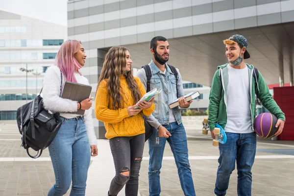 Happy Young People Meeting Outdoors Wearing Face Masks Covid Pandemic — Zdjęcie stockowe