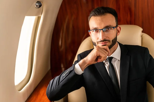 Handsome Businessman Wearing Elegant Suit Flying Exclusive Private Jet Successful — Stock Photo, Image