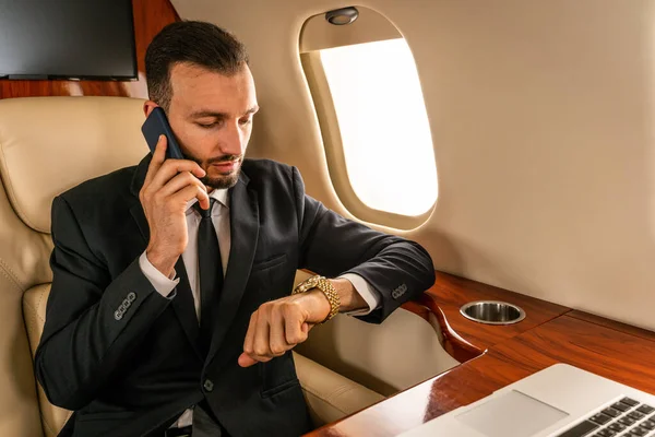 Handsome Businessman Wearing Elegant Suit Flying Exclusive Private Jet Successful — Stock Photo, Image