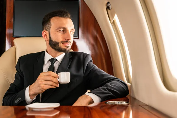 Handsome Businessman Wearing Elegant Suit Flying Exclusive Private Jet Successful — Stock Photo, Image