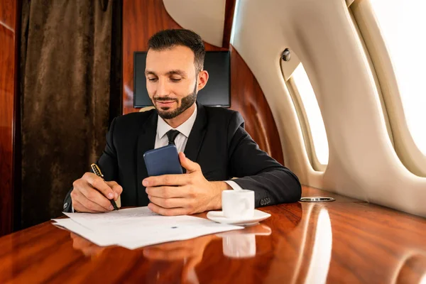 Handsome Businessman Wearing Elegant Suit Flying Exclusive Private Jet Successful — Stock Photo, Image