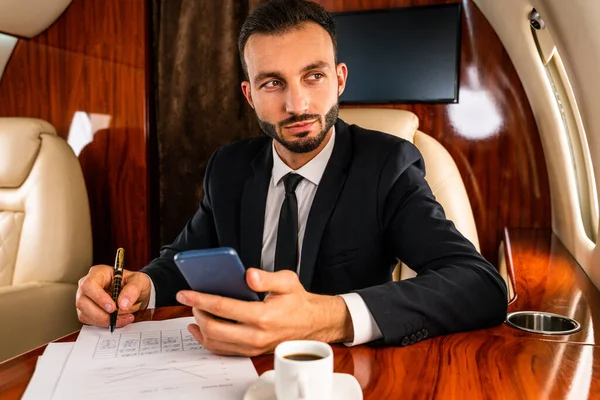 Handsome Businessman Wearing Elegant Suit Flying Exclusive Private Jet Successful — Stock Photo, Image