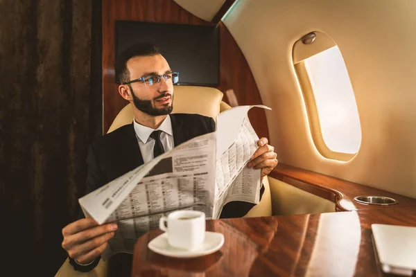 Handsome Businessman Wearing Elegant Suit Flying Exclusive Private Jet Successful — Stock Photo, Image