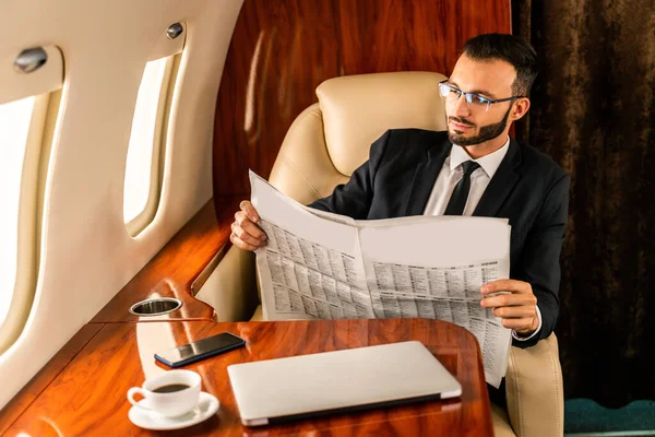 Handsome Businessman Wearing Elegant Suit Flying Exclusive Private Jet Successful — Stock Photo, Image