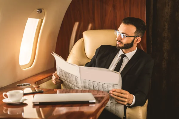 Handsome Businessman Wearing Elegant Suit Flying Exclusive Private Jet Successful — Stock Photo, Image