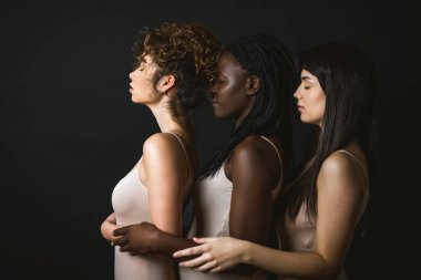 İç çamaşırlarıyla poz veren çok kültürlü kadınlardan oluşan bir grup. 3 güzel kız portresi, çok kültürlü insanlar hakkında kavramlar, kapsayıcı toplum ve beden pozitifliği.