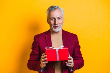 Yakışıklı son sınıf erkek portresi, arka planda stüdyo fotoğrafı, yaşlı bir adam, yarı vücut fotoğrafı.