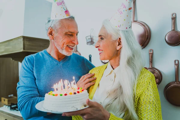 Vackra Äldre Par Älskare Äldre Människor Porträtt Samtidigt Kul Hemma — Stockfoto