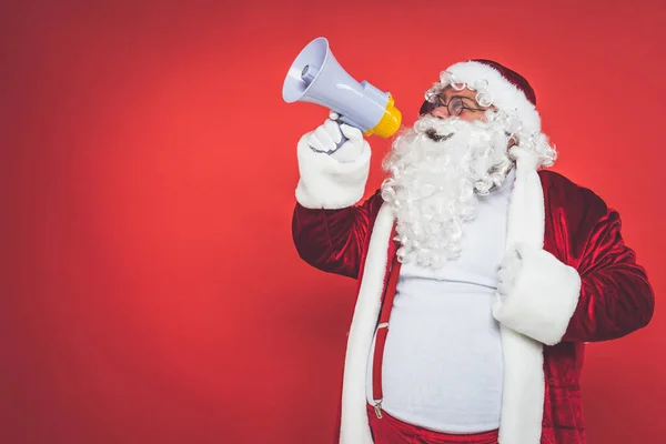 Divertente Pazzo Babbo Natale Divertirsi Uno Sfondo Rosso — Foto Stock