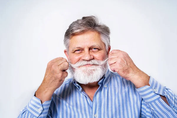 Eccentric Senior Man Funny Expression Portrait Background Active Youthful Old — Stock Photo, Image