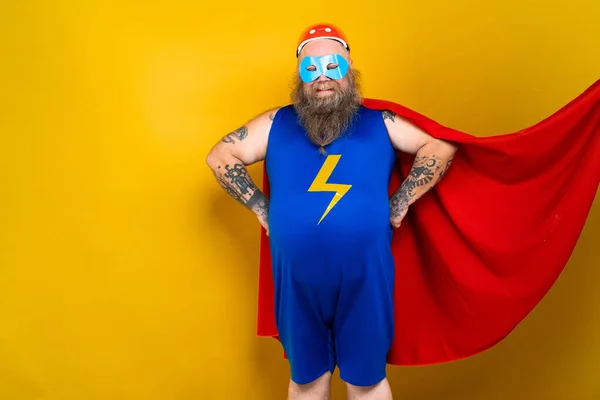 Funny Fat Man Superhero Costume Acting Superhuman Special Powers Portrait — Stock Photo, Image