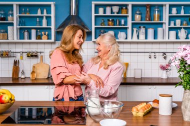 Güzel, son sınıf öğrencisi bir kadın ve kız mutfakta yemek pişiriyor. Büyükanne evde aile ile tatlılar hazırlıyor. Yemek pişirme ve sağlıklı beslenme kavramları.