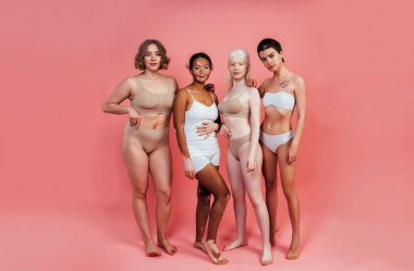 Farklı tür ten rengine sahip çok ırklı bir grup kadın stüdyoda birlikte poz veriyor. Vücut pozitifliği ve kendini kabullenme kavramı