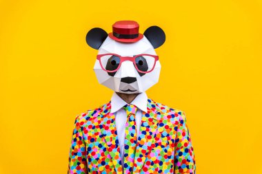Renkli arka planda komik düşük polyester maskeli mutlu bir adam reklamcılık için yaratıcı kavramsal bir fikir düşük poligami kağıt maskeli bir yetişkin komik pozlar veriyor.