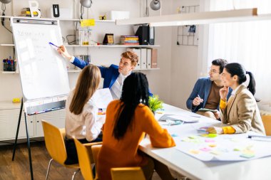 Proje yöneticileri ve çalışanları fikir üretmek için beyin fırtınası yapıyorlar - çok ırklı işçi grubu yeni açılan bir ofiste iş toplantısı yapıyor