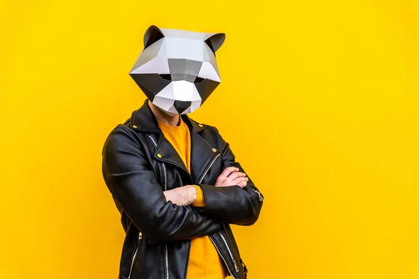 Glad Man Med Rolig Låg Poly Mask Färgad Bakgrund Kreativ — Stockfoto