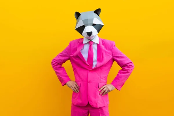 Hombre Feliz Con Divertida Máscara Polietileno Bajo Sobre Fondo Color —  Fotos de Stock