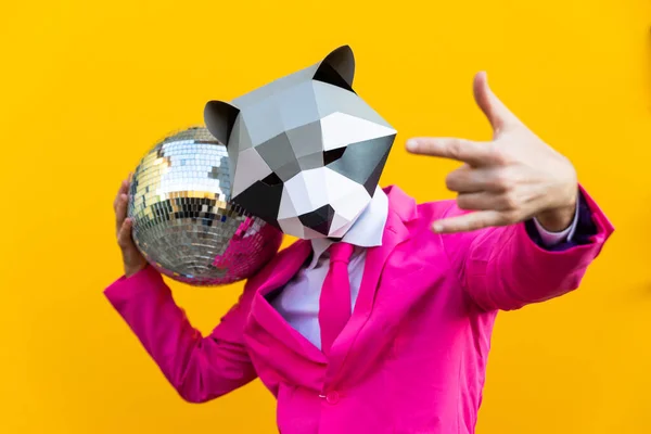 Happy Man Funny Low Poly Mask Colored Background Creative Conceptual — Stock Photo, Image