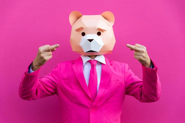 Hombre Feliz Con Divertida Máscara Polietileno Bajo Sobre Fondo Color —  Fotos de Stock