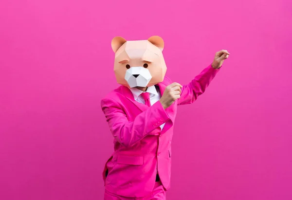 Hombre Feliz Con Divertida Máscara Polietileno Bajo Sobre Fondo Color —  Fotos de Stock