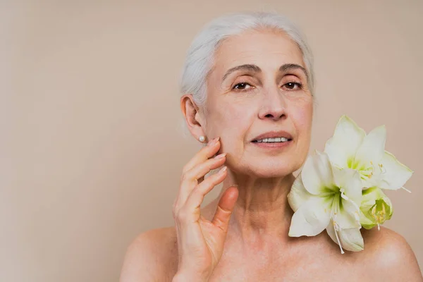 美丽的老年妇女 容光焕发 容光焕发 年龄在60岁以上 皮肤完美 老年人观念 美容美发和护肤的漂亮老年妇女 — 图库照片