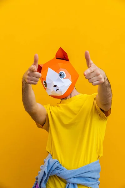 Cool Uomo Indossando Maschera Origami Con Abiti Colorati Alla Moda — Foto Stock