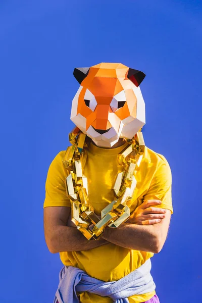 Cooler Mann Mit Origami Maske Mit Stylischer Farbiger Kleidung Kreatives — Stockfoto