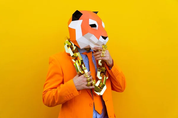 Cool Man Bär Origami Mask Med Snygga Färgade Kläder Kreativt — Stockfoto