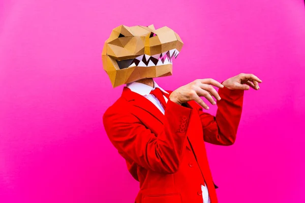 Cool Muž Sobě Origami Maska Stylovým Barevným Oblečením Kreativní Koncept — Stock fotografie