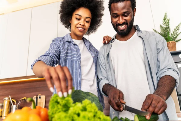 Hermosa Pareja Afroamericana Cocinando Casa Hermosa Alegre Pareja Negra Preparando —  Fotos de Stock