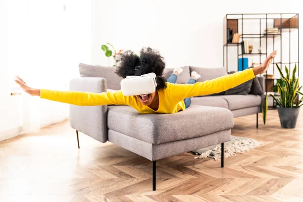 Beautiful Woman Playing Home Headset Black Woman Lying Sofa While — Stock Photo, Image