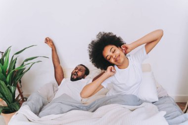 Afro-Amerikan çift yatakta - gerçekten güzel ve neşeli sevgililer evde