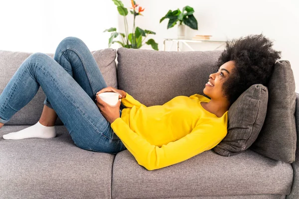 Afro American Girl Drinking Mug Coffee Relaxing Home — Stock Photo, Image